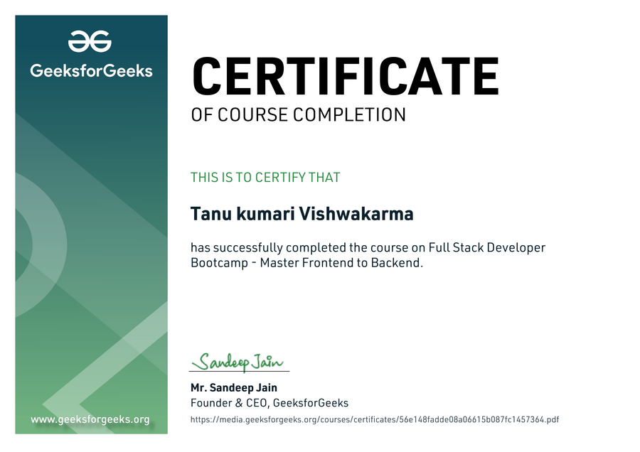 Full Stack Developer Bootcamp certificate, GeeksforGeeks