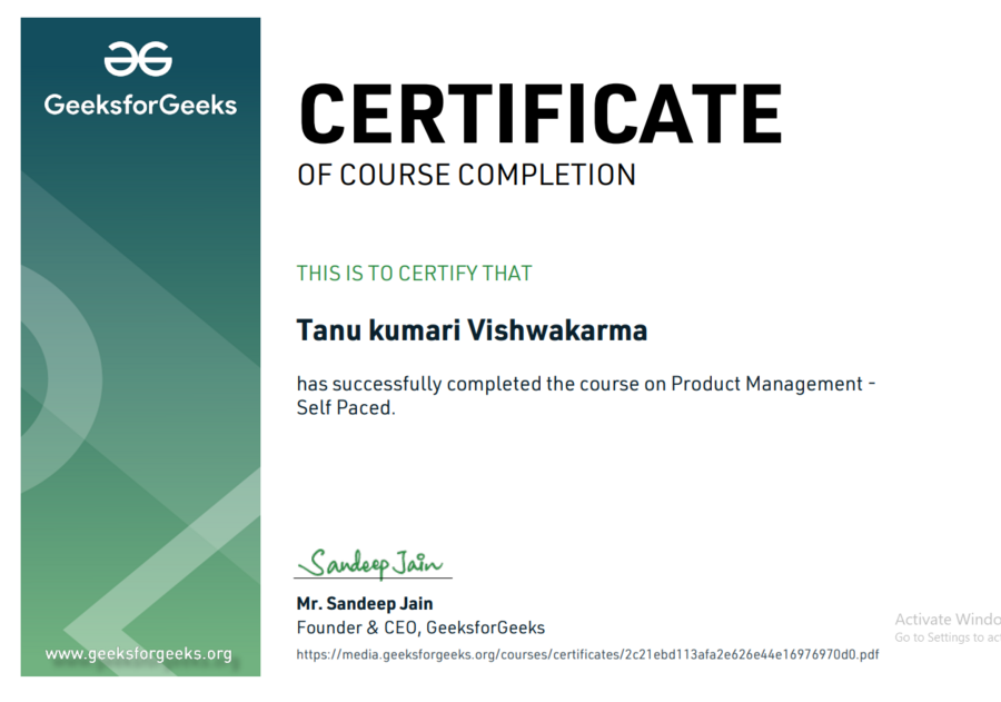Product Management certificate, GeeksforGeeks
